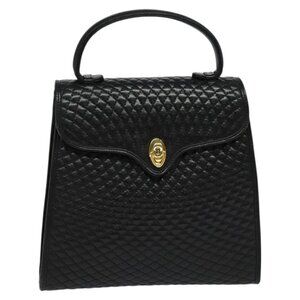 BALLY Quilted Hand Bag Leather Black Gold Authentic